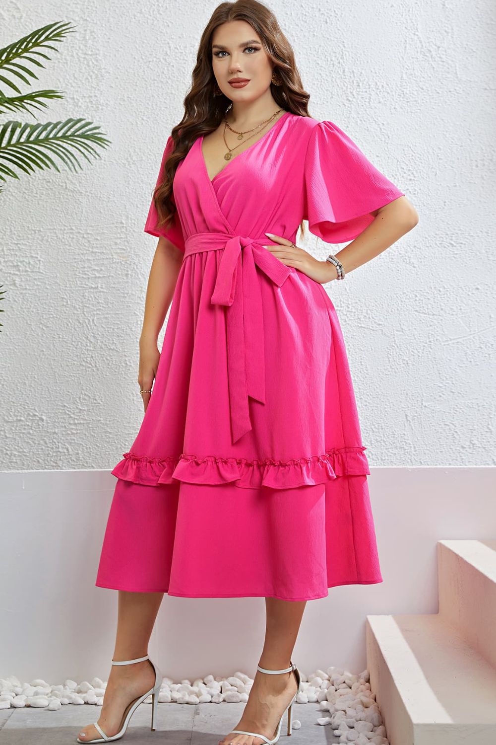 Plus Size Belted Frill Trim Flutter Sleeve Dress - nailedmoms