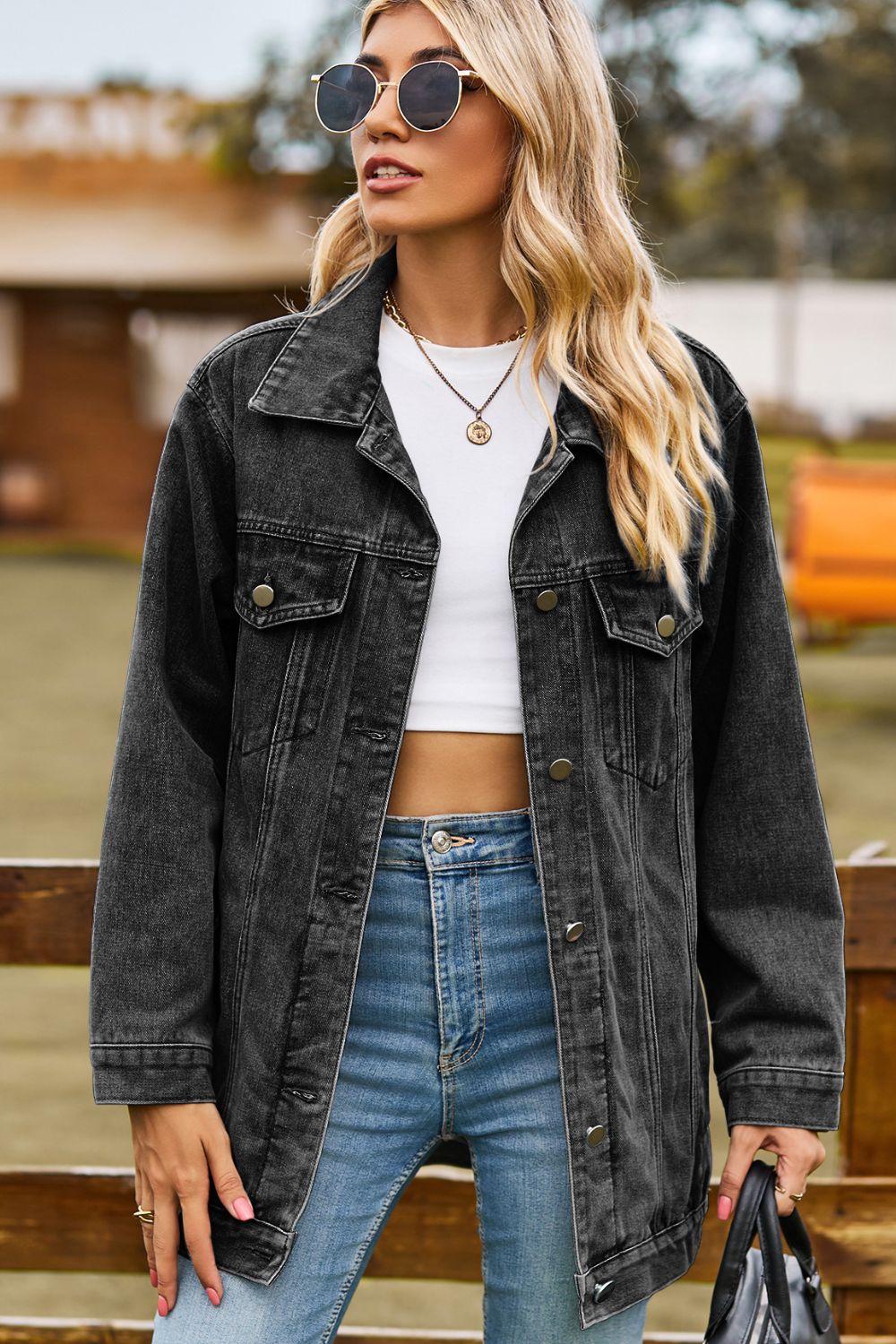 Buttoned Collared Neck Denim Jacket with Pockets - nailedmoms