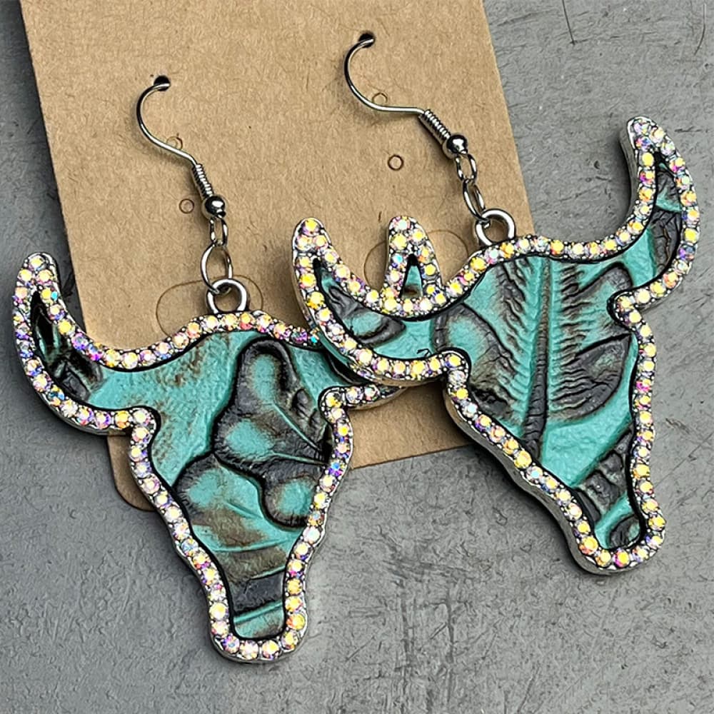 Rhinestone Trim Alloy Bull Earrings - nailedmoms