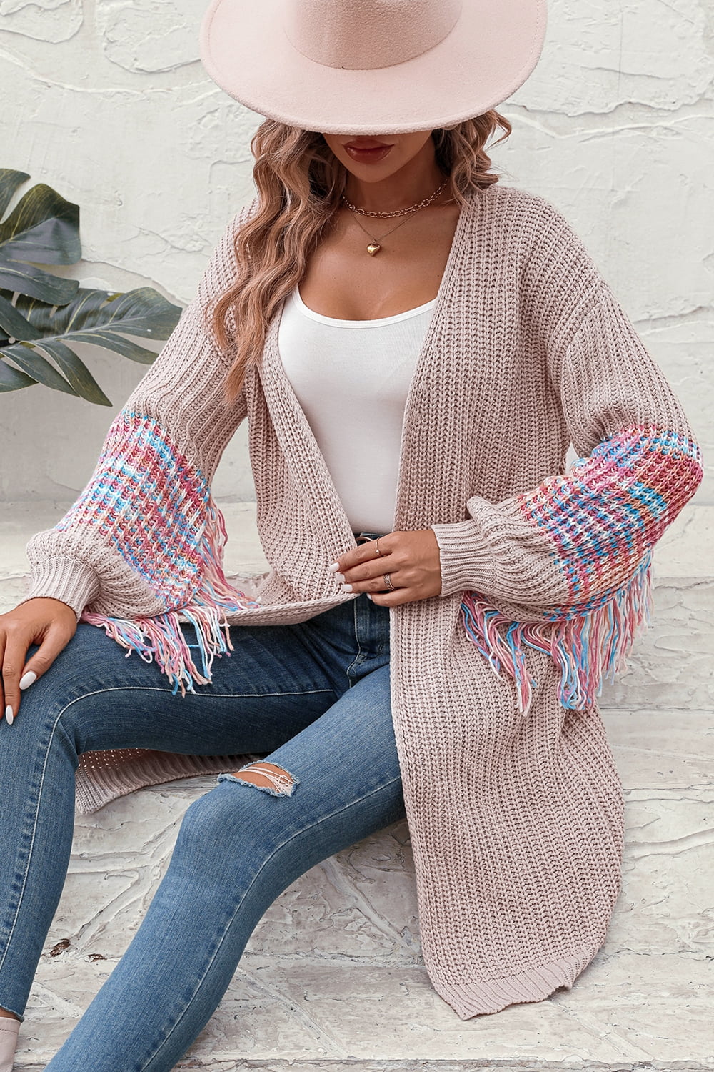 Fringe Sleeve Dropped Shoulder Cardigan - nailedmoms