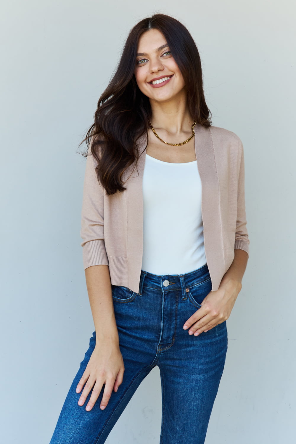 Doublju My Favorite Full Size 3/4 Sleeve Cropped Cardigan in Khaki - nailedmoms
