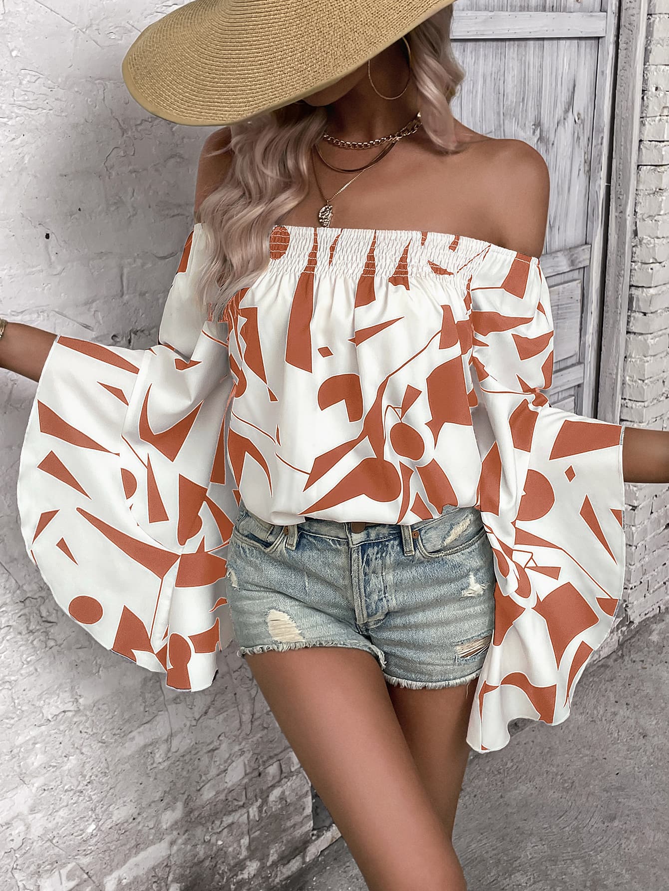 Printed Off-Shoulder Bell Sleeve Blouse - nailedmoms