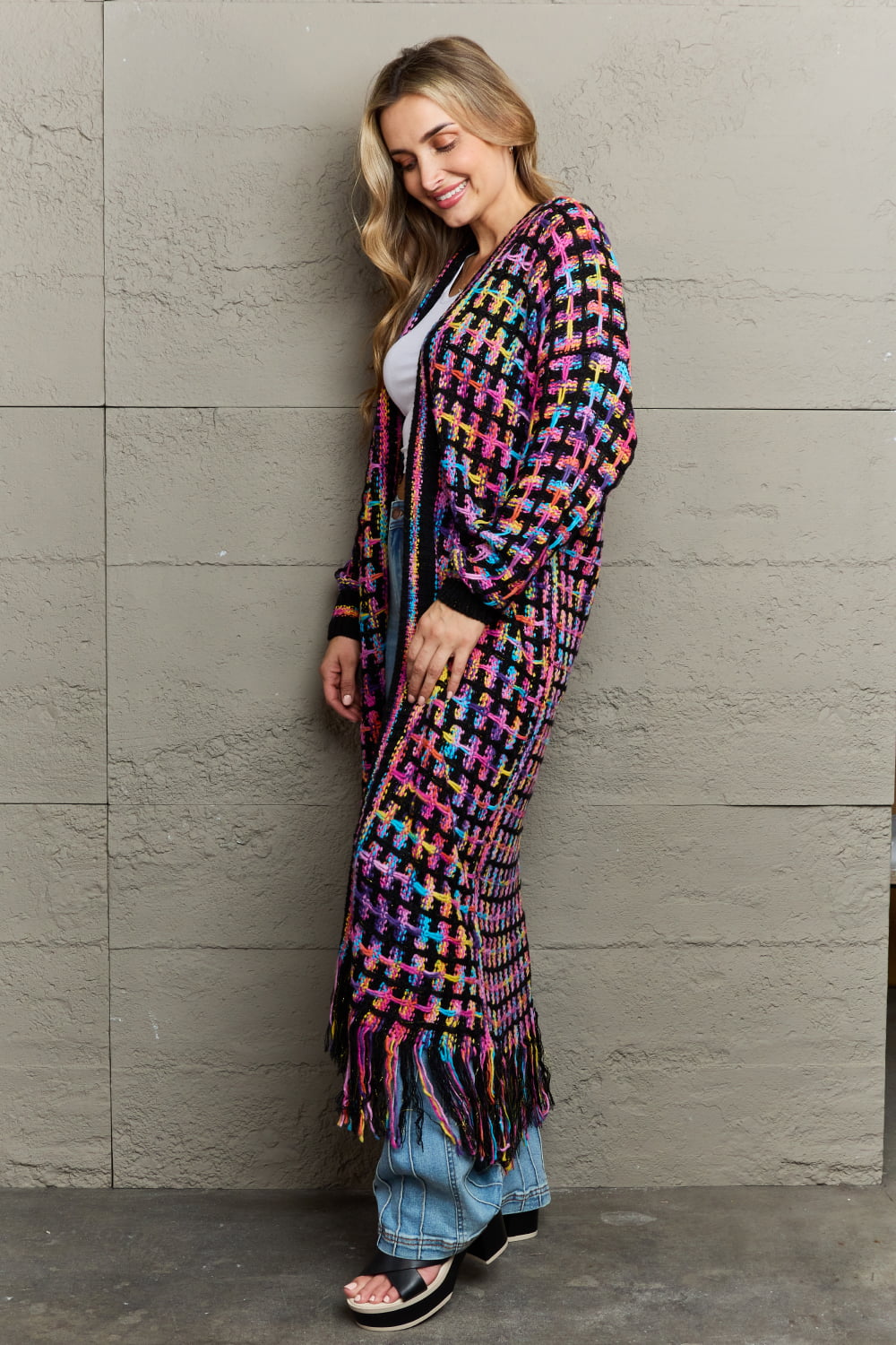 Multicolored Open Front Fringe Hem Cardigan - nailedmoms