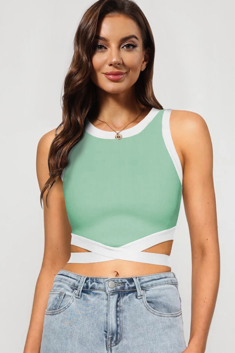 Contrast Tie Back Round Neck Tank - nailedmoms