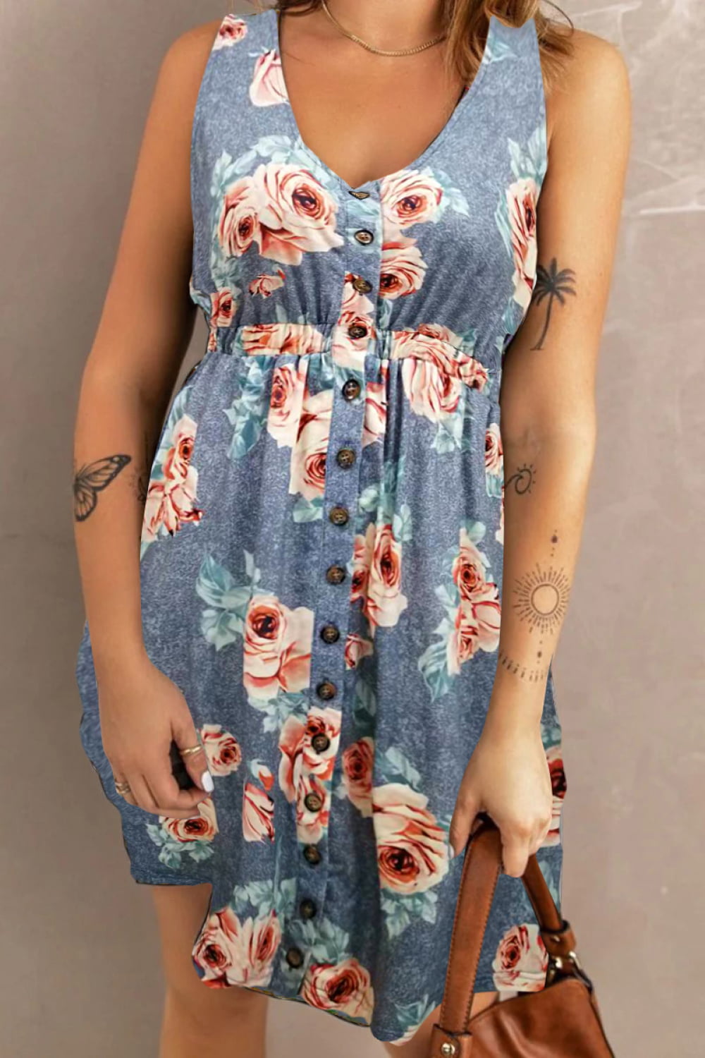 Double Take Printed Scoop Neck Sleeveless Buttoned Magic Dress with Pockets - nailedmoms