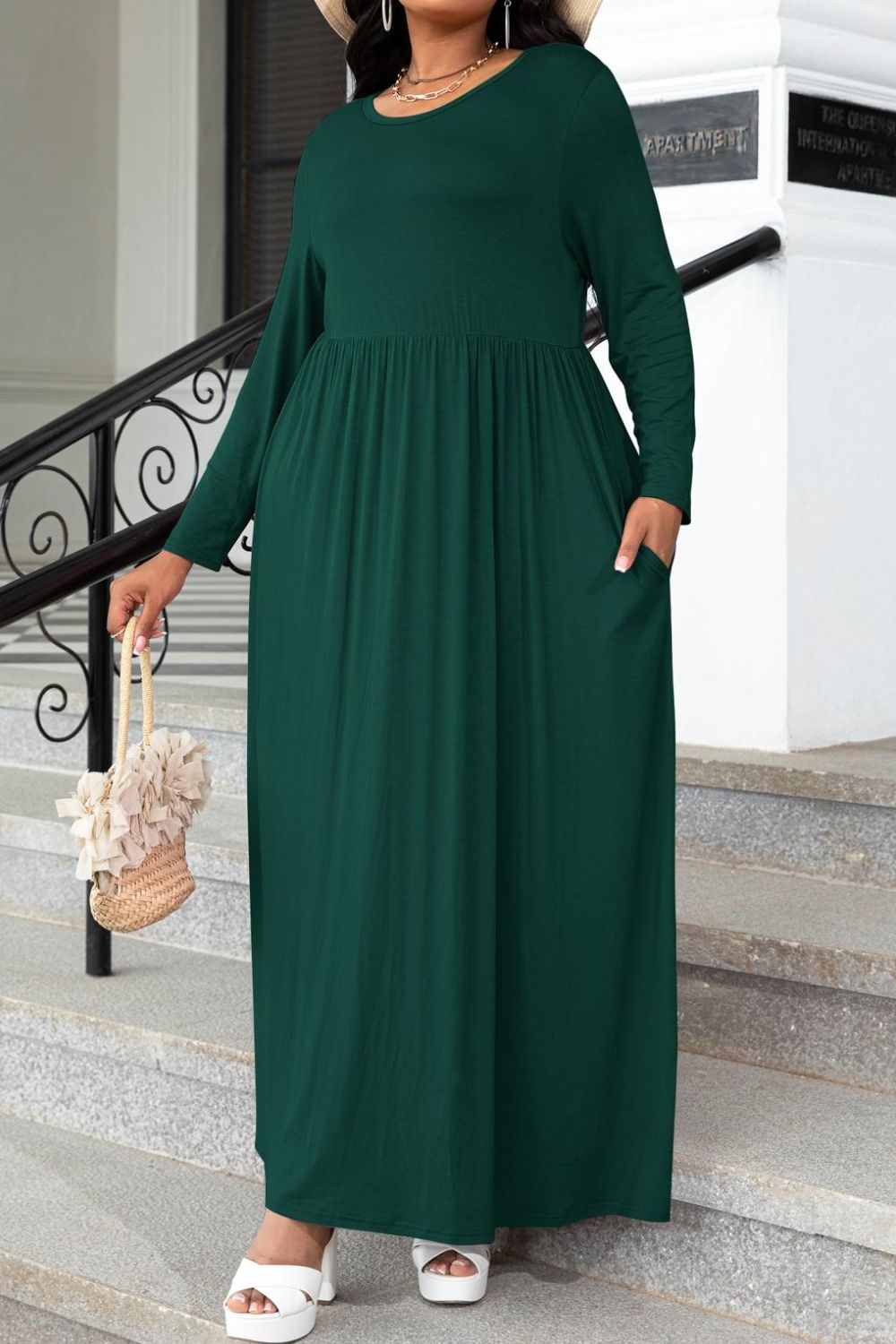 Plus Size Round Neck Long Sleeve Maxi Dress with Pockets - nailedmoms