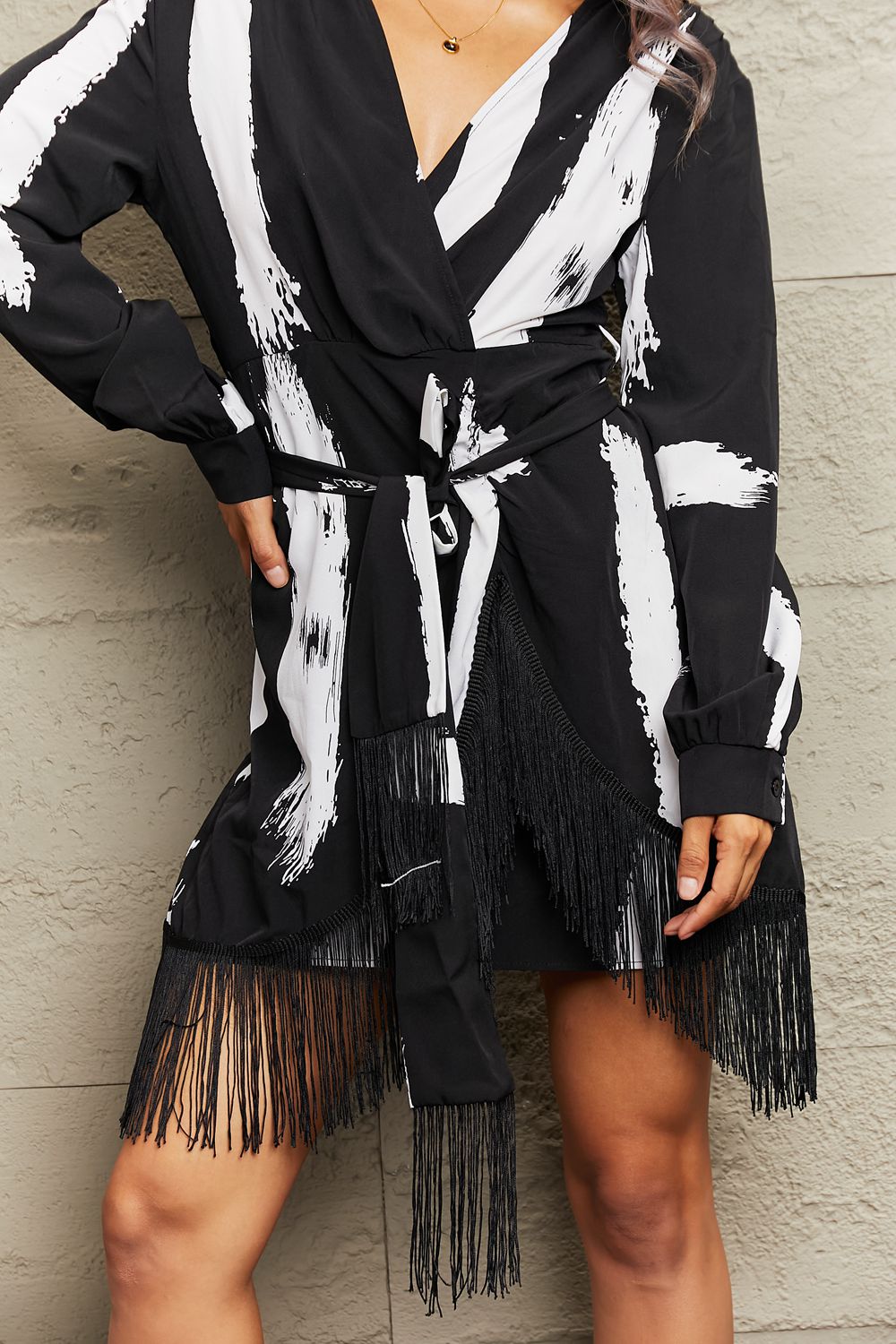 Printed Fringe Detail Surplice Neck Mini Dress - nailedmoms