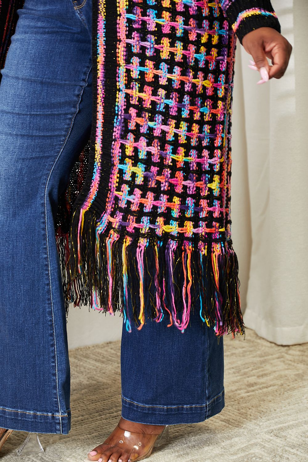 Double Take Full Size Multicolored Open Front Fringe Hem Cardigan - nailedmoms