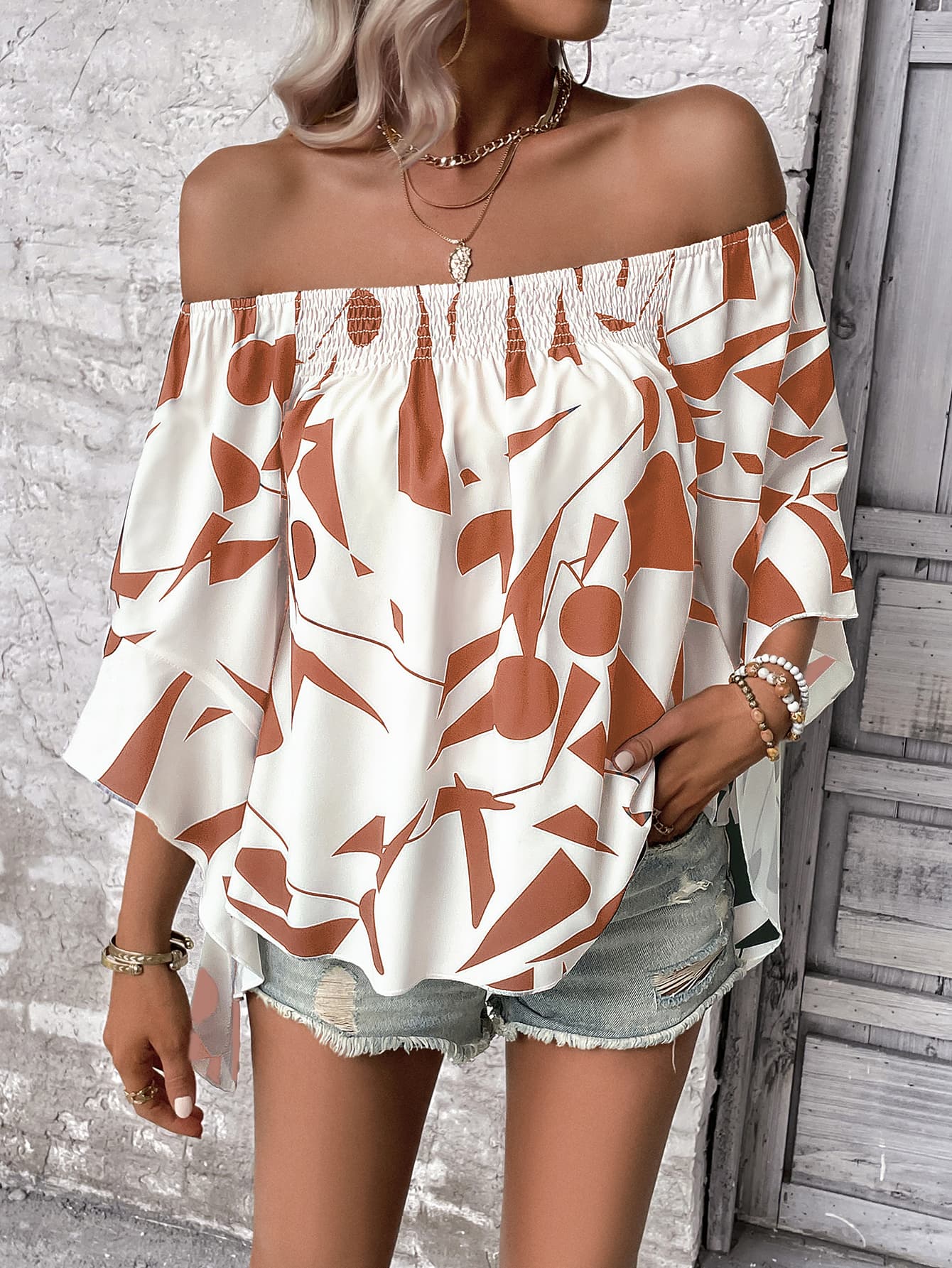 Printed Off-Shoulder Bell Sleeve Blouse - nailedmoms
