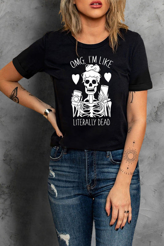 Halloween Skeleton Graphic Round Neck Tee - nailedmoms
