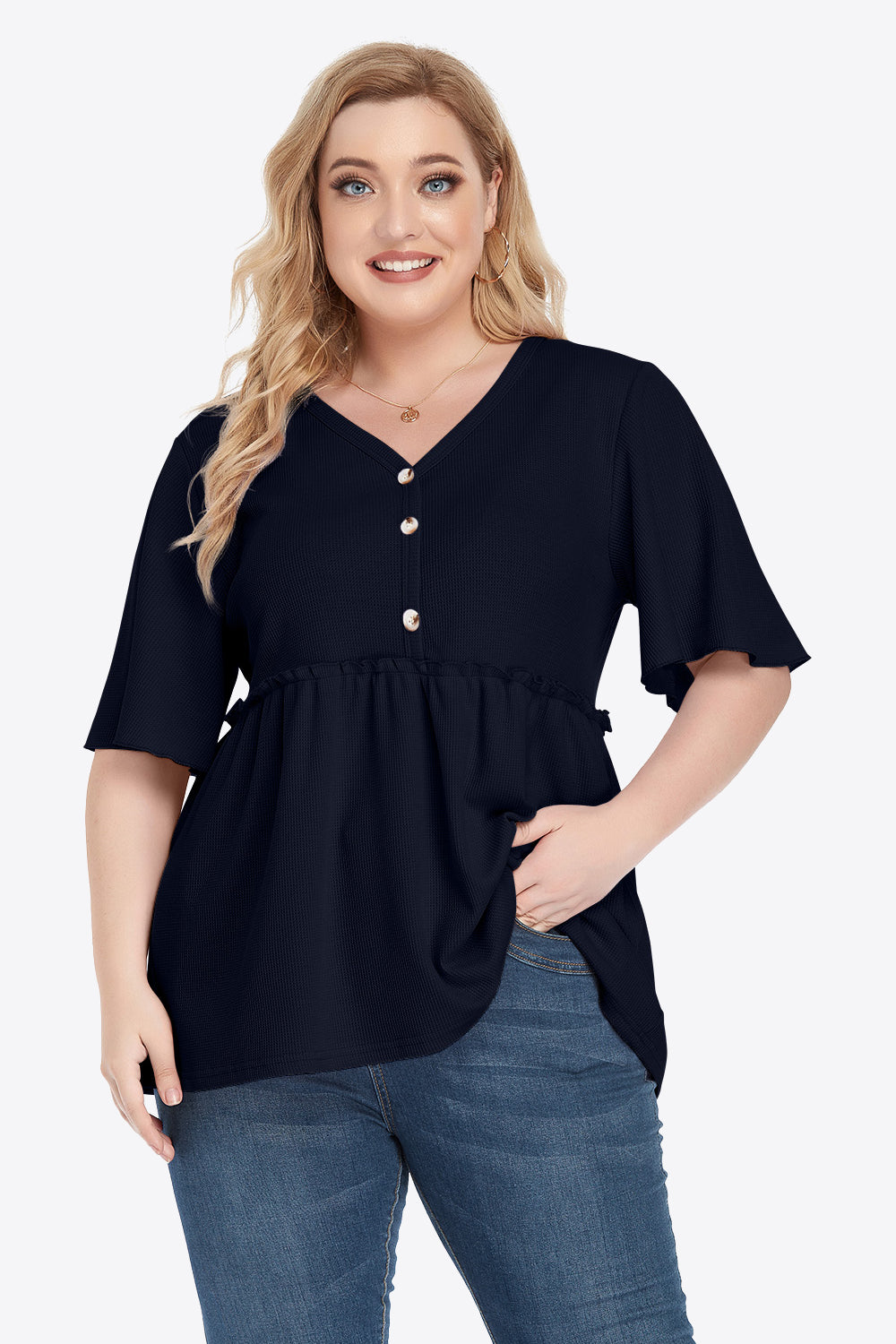 Plus Size Buttoned V-Neck Frill Trim Babydoll Blouse - nailedmoms