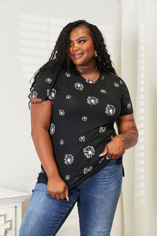 Double Take Dandelion Print Round Neck T-Shirt - nailedmoms