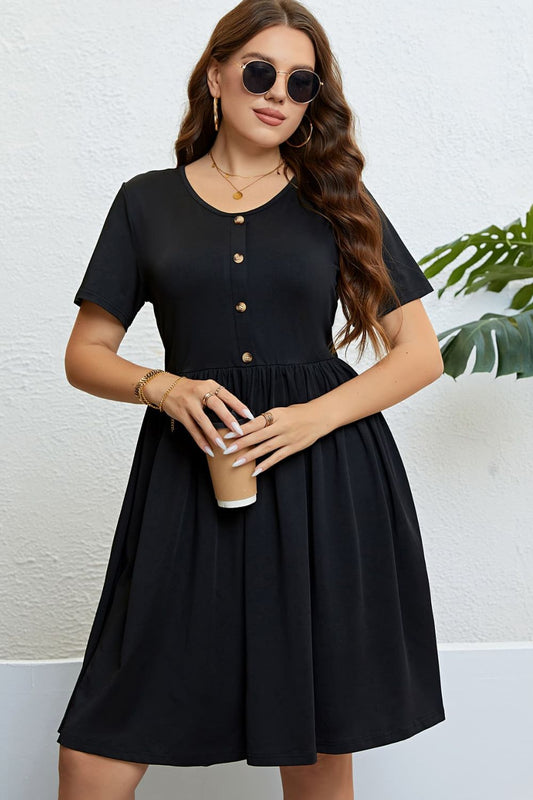 Plus Size Buttoned Short Sleeve Dress - nailedmoms
