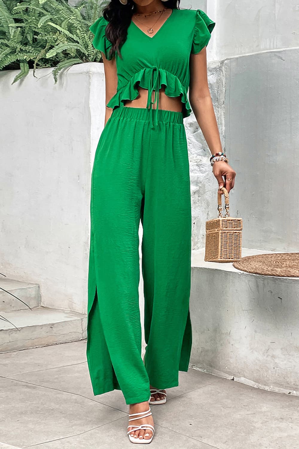 V-Neck Ruffle Hem Top and Slit Pants Set - nailedmoms