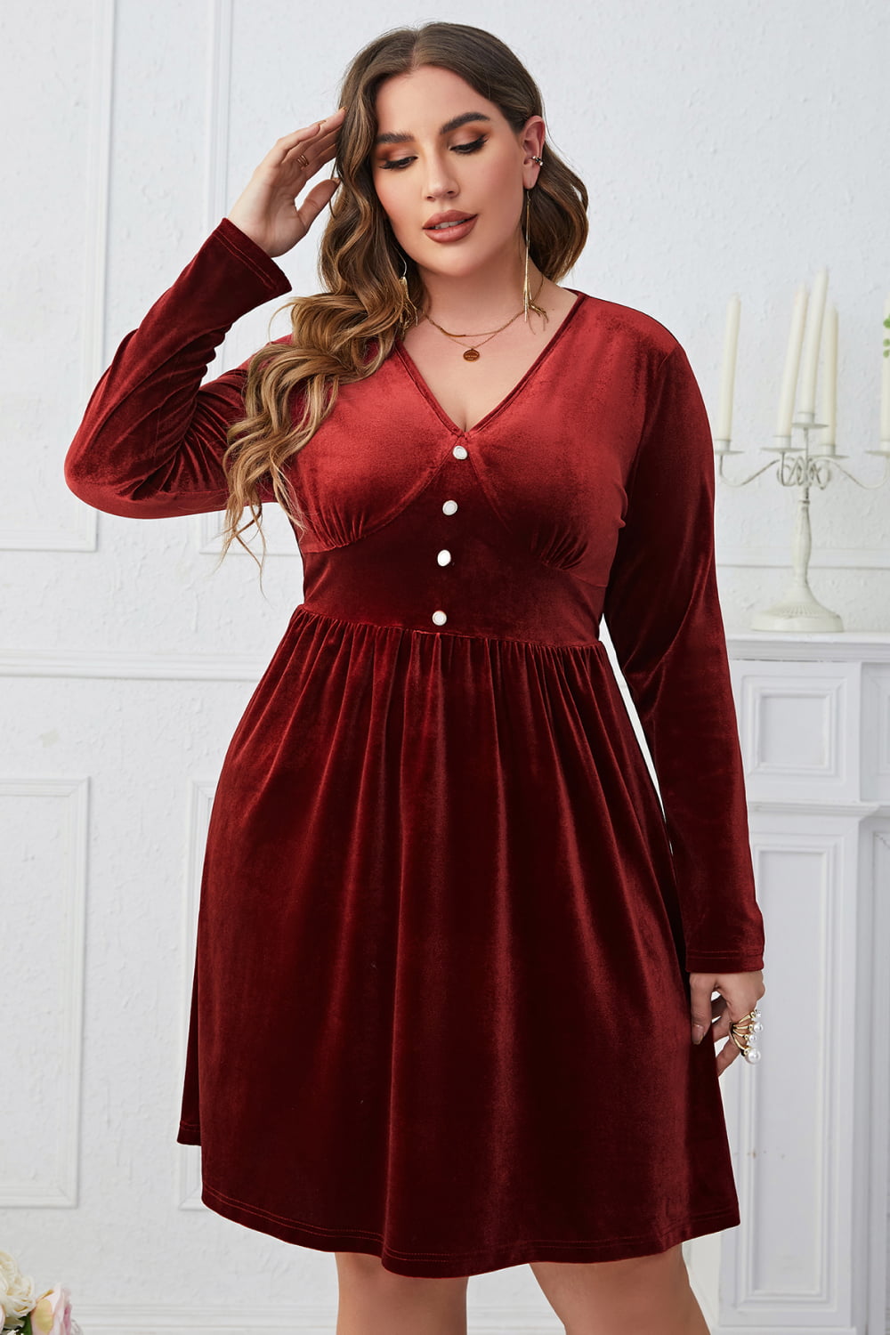 Melo Apparel Plus Size V-Neck Decorative Button Knee Length Dress - nailedmoms