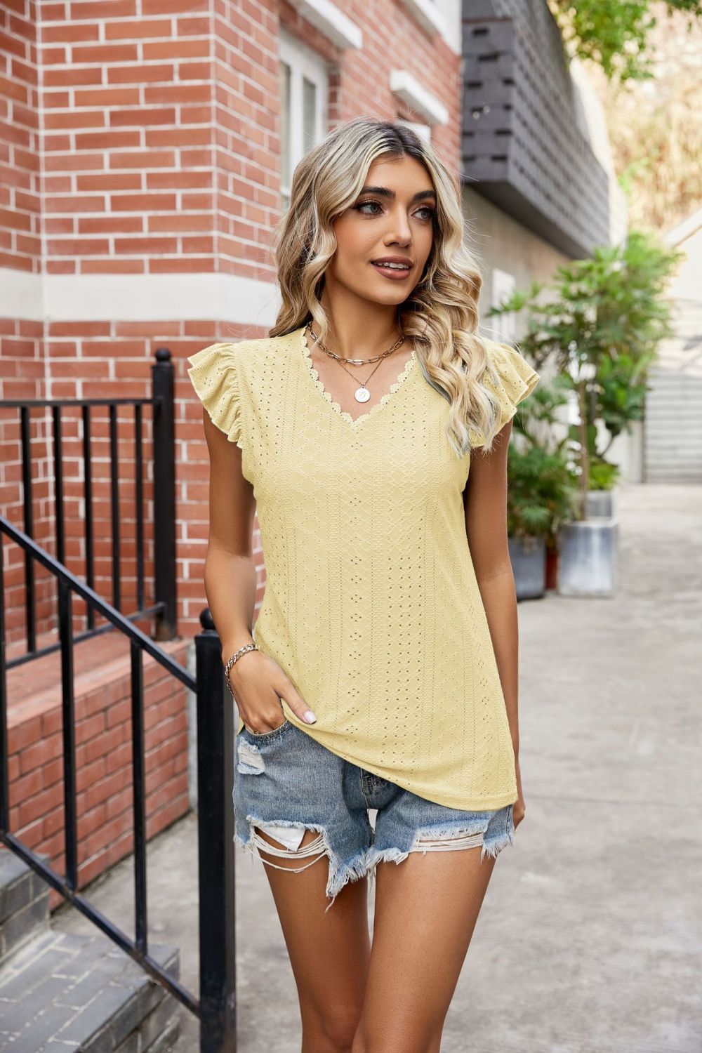 Eyelet Flutter Sleeve Scalloped V-Neck Top - nailedmoms