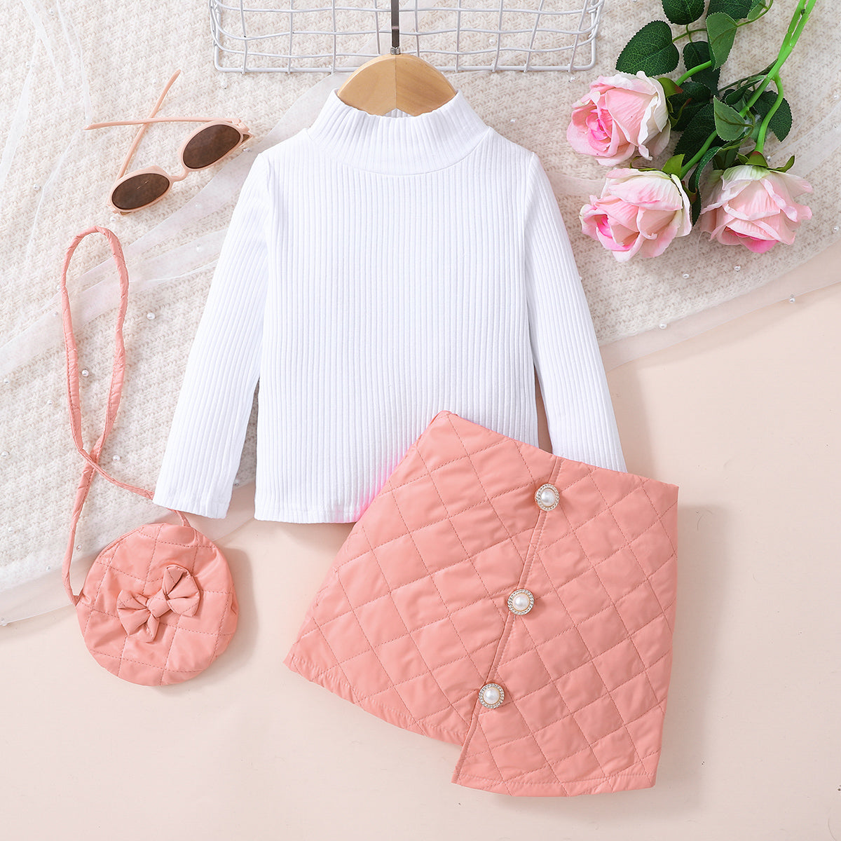 Girls Knit Top and Decorative Button Skirt Set with Bag - nailedmoms