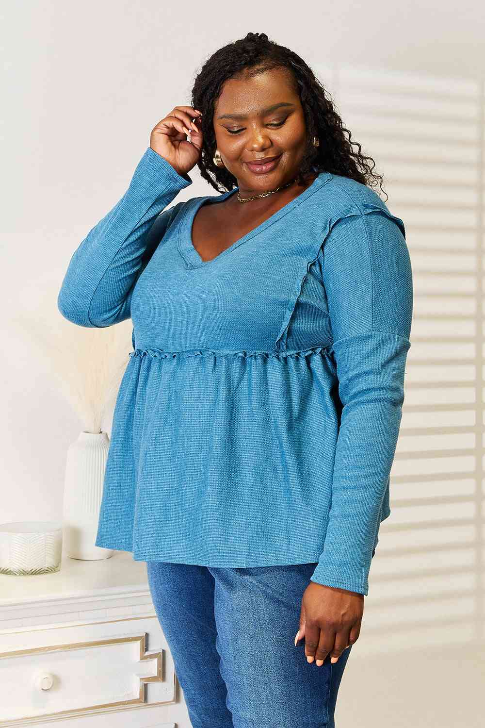 Jade By Jane Full Size Frill Trim Babydoll Blouse - nailedmoms