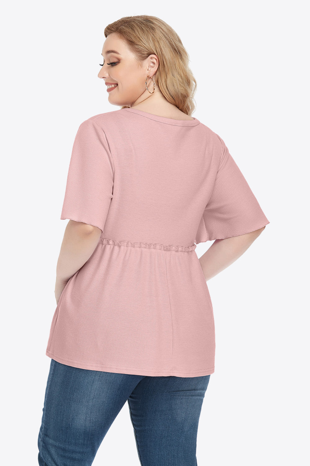 Plus Size Buttoned V-Neck Frill Trim Babydoll Blouse - nailedmoms