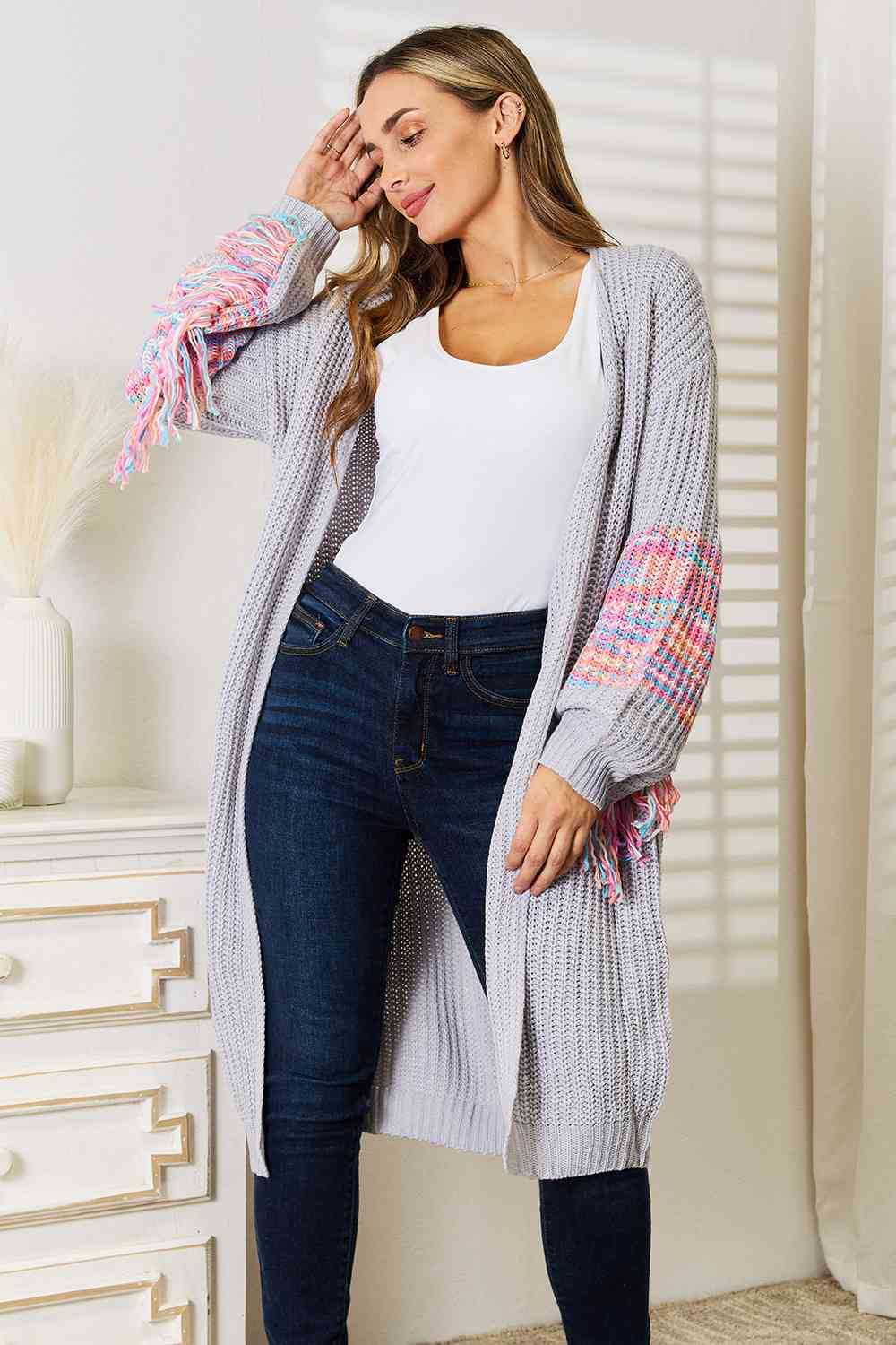Woven Right Fringe Sleeve Dropped Shoulder Cardigan - nailedmoms