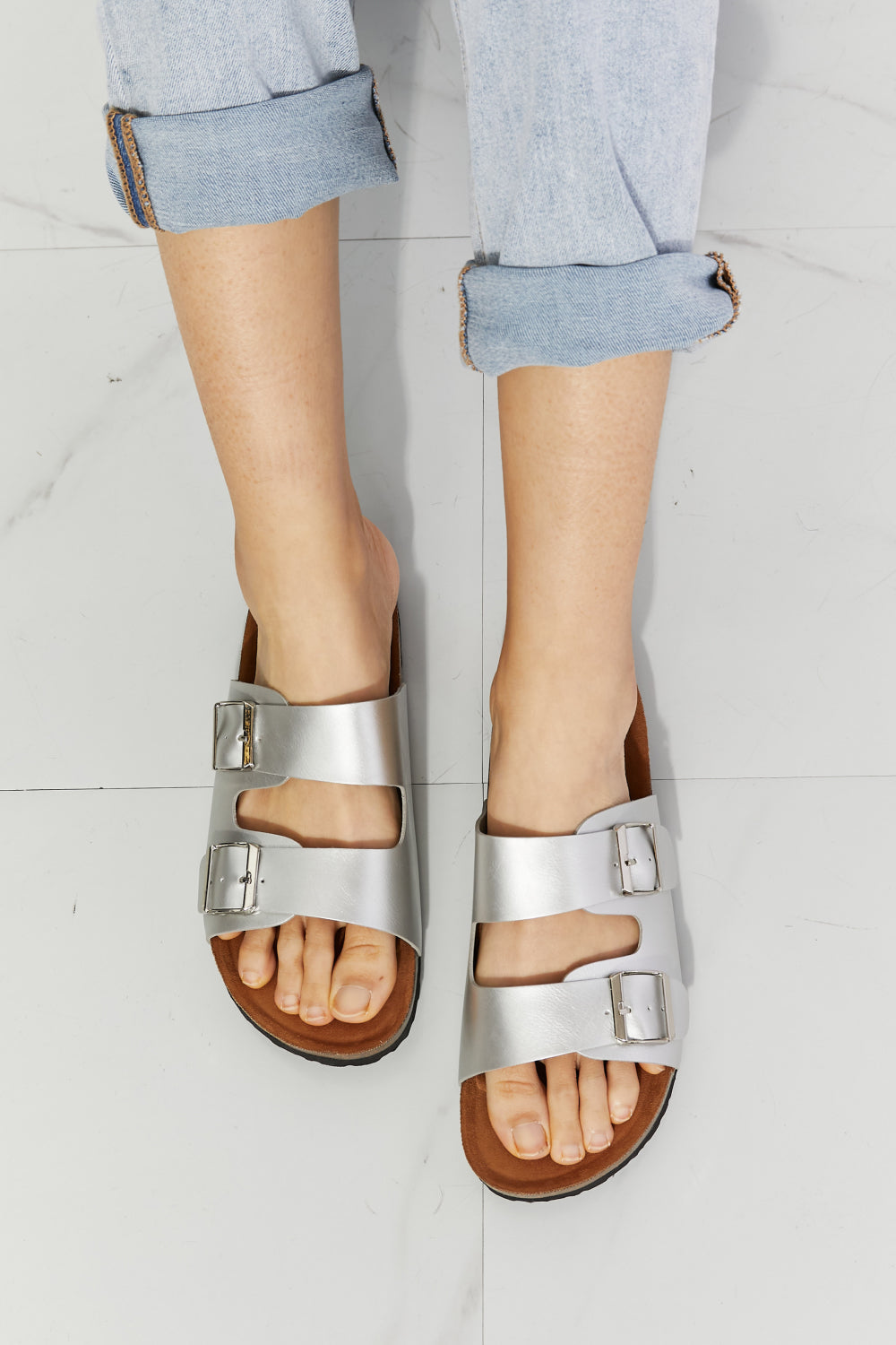 MMShoes Best Life Double-Banded Slide Sandal in Silver - nailedmoms