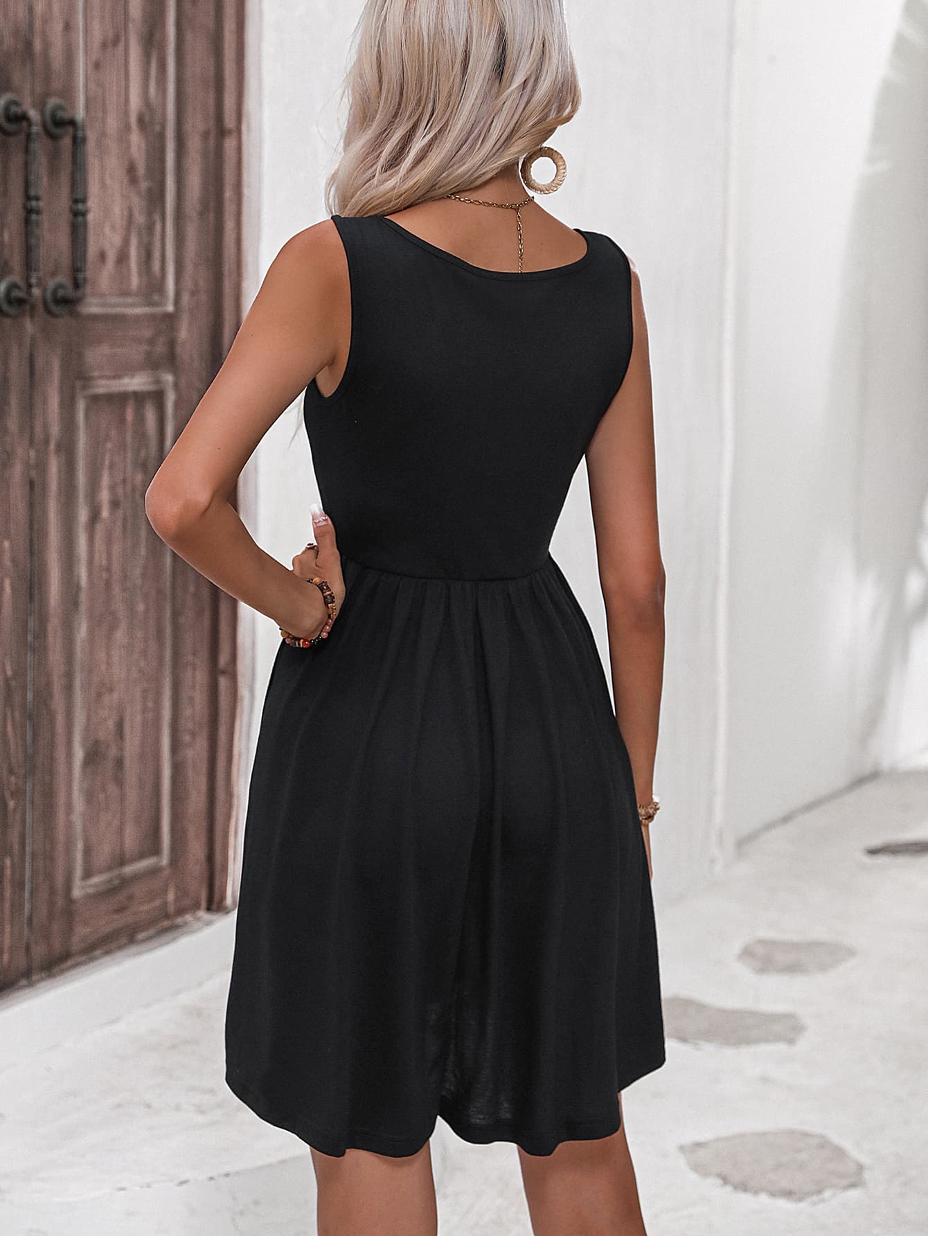 Scoop Neck Buttoned Sleeveless Dress - nailedmoms