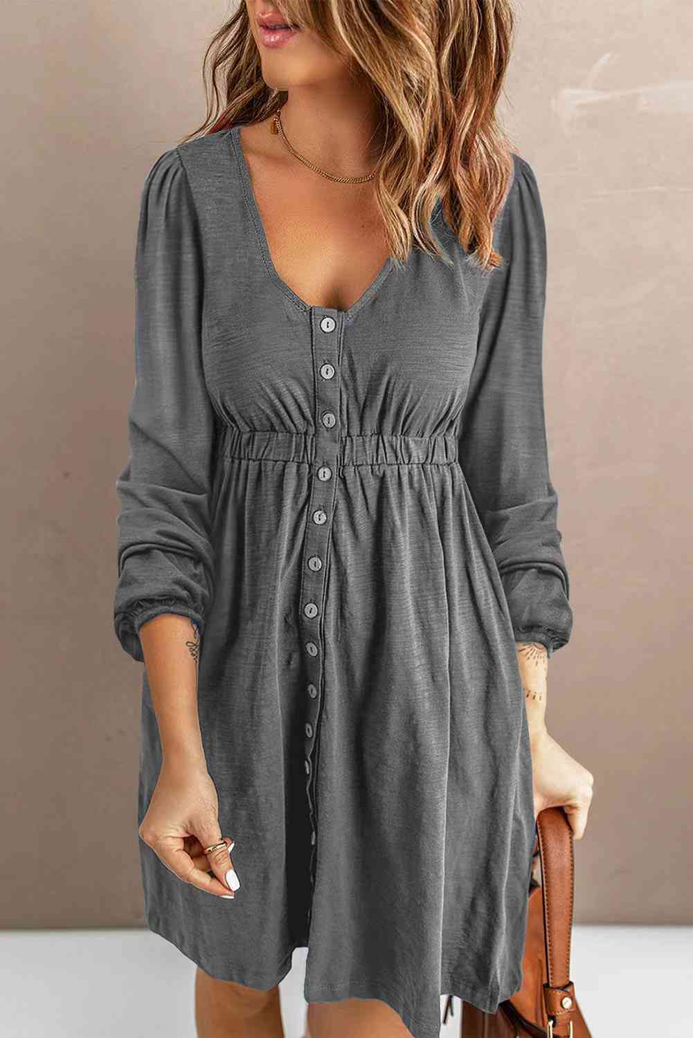 Scoop Neck Empire Waist Long Sleeve Mini Dress - nailedmoms