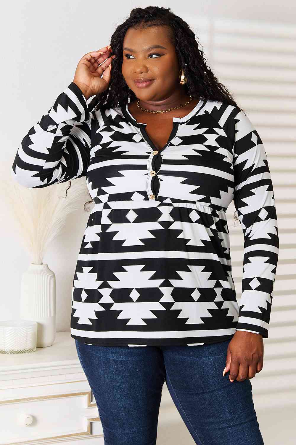 Heimish Full Size Geometric Notched Neck Long Sleeve Top - nailedmoms