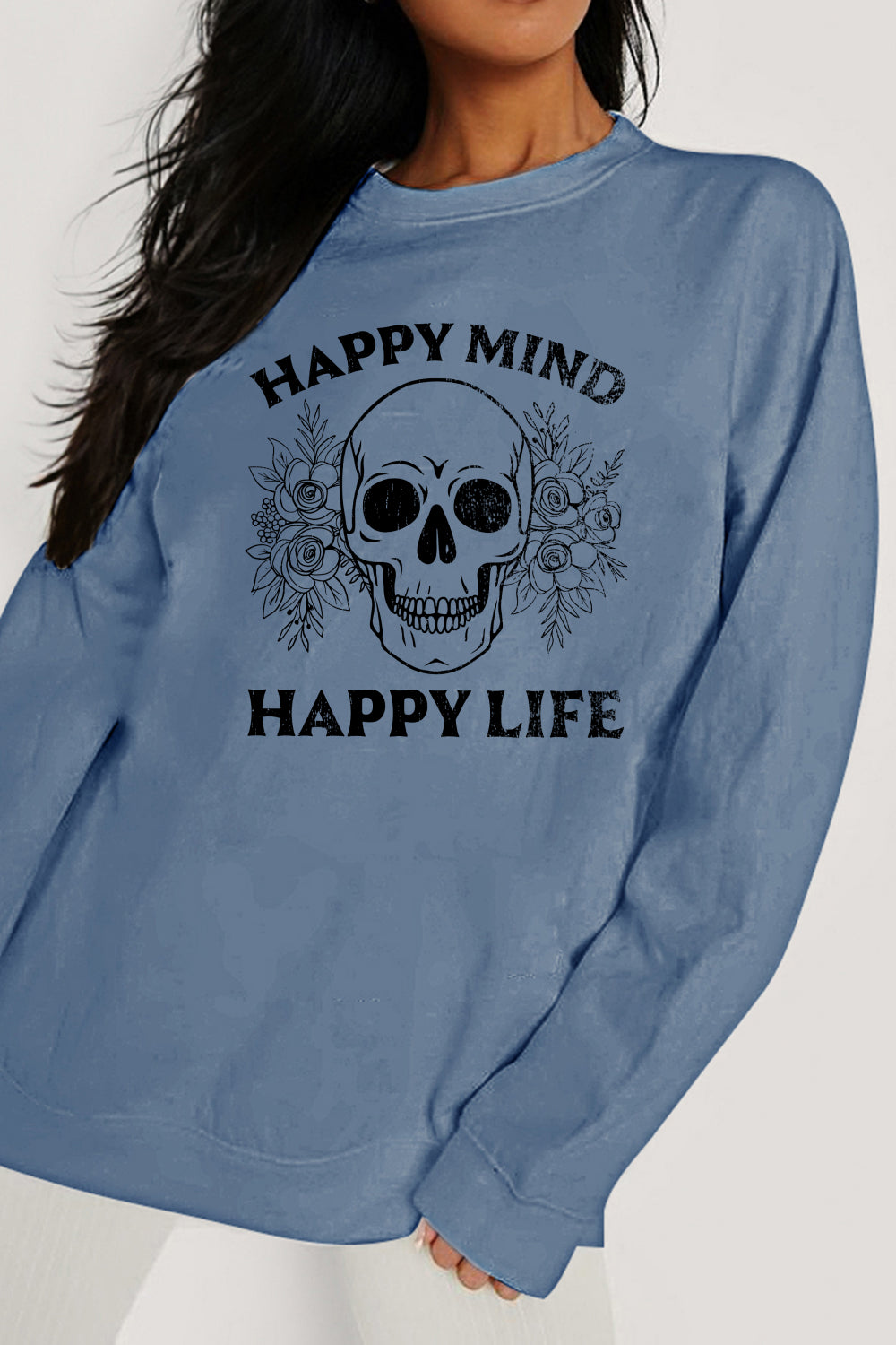 Simply Love Simply Love Full Size HAPPY MIND HAPPY LIFE SKULL Graphic Sweatshirt - nailedmoms