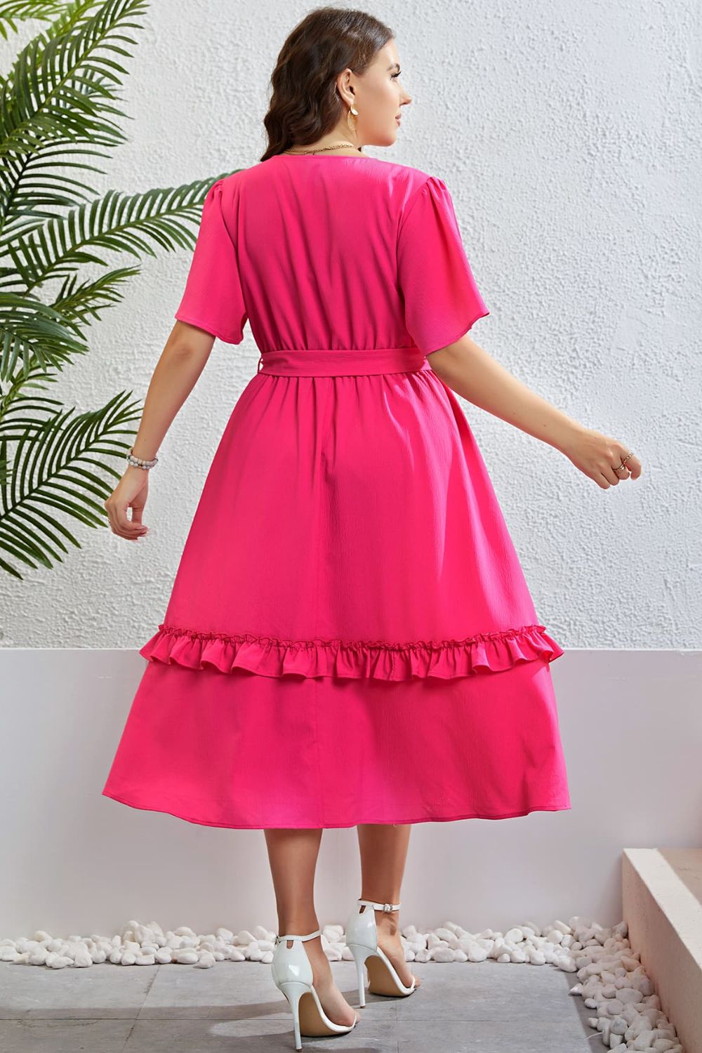 Plus Size Belted Frill Trim Flutter Sleeve Dress - nailedmoms