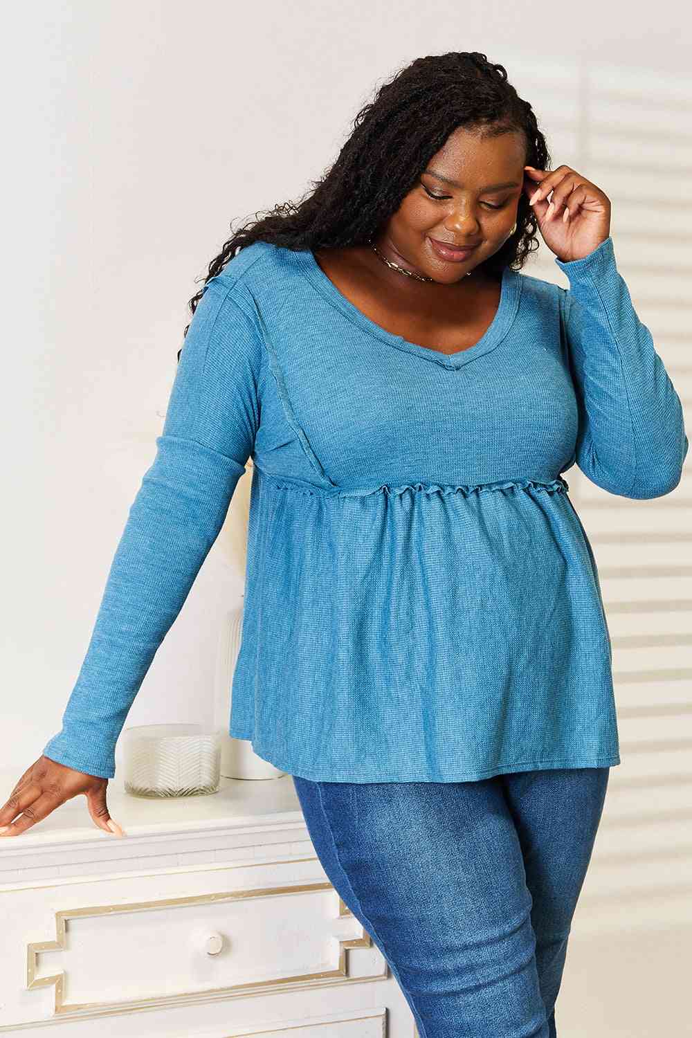 Jade By Jane Full Size Frill Trim Babydoll Blouse - nailedmoms