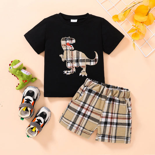 Kids Dinosaur Graphic Tee and Plaid Shorts Set - nailedmoms