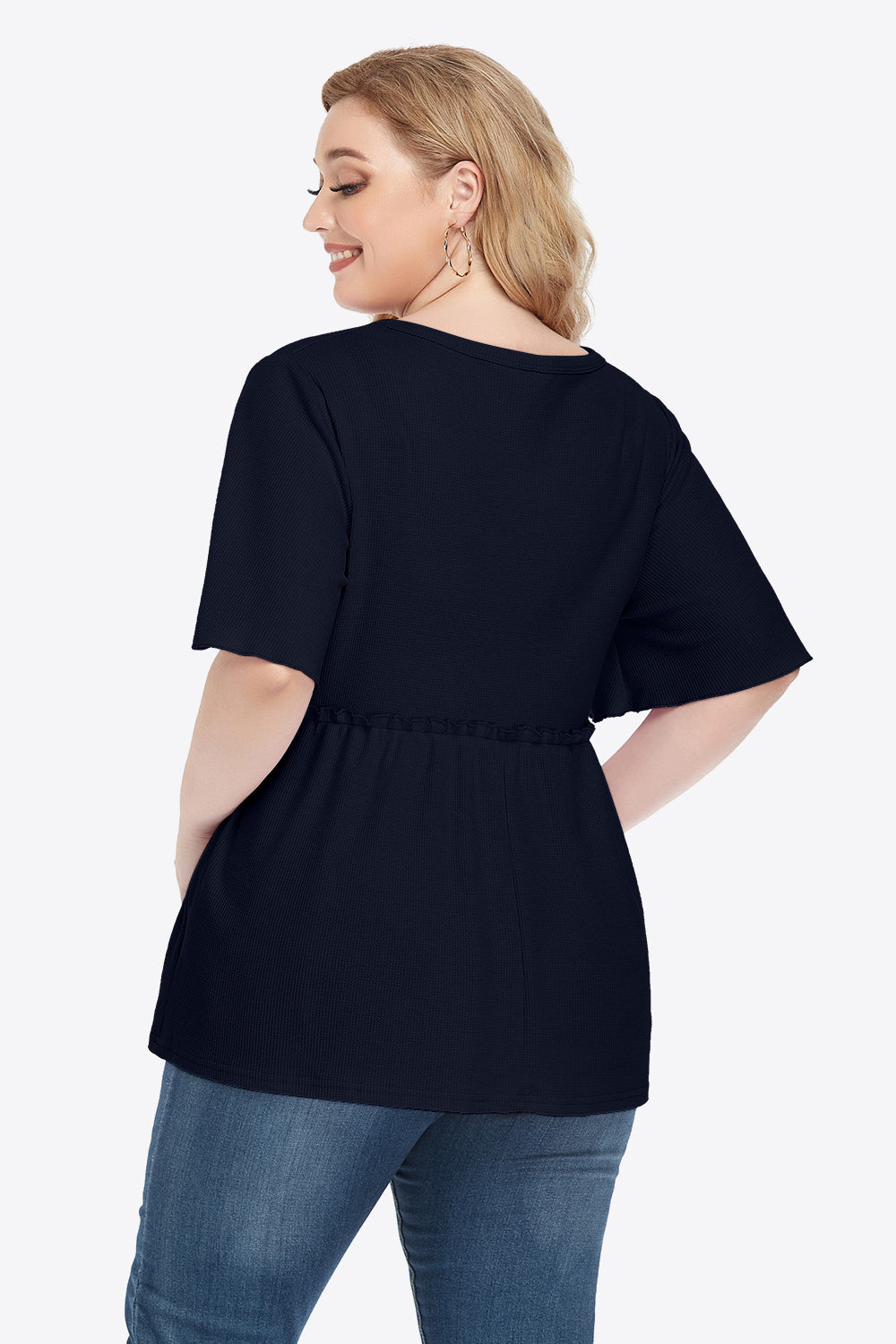 Plus Size Buttoned V-Neck Frill Trim Babydoll Blouse - nailedmoms