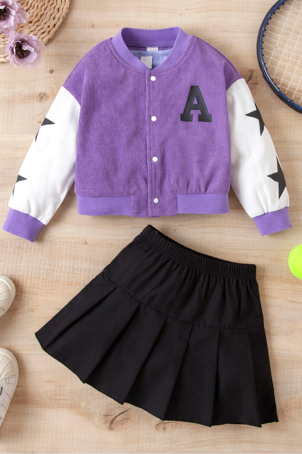 Girls Contrast Bomber Jacket, Tank, and Pleated Skirt Set - nailedmoms