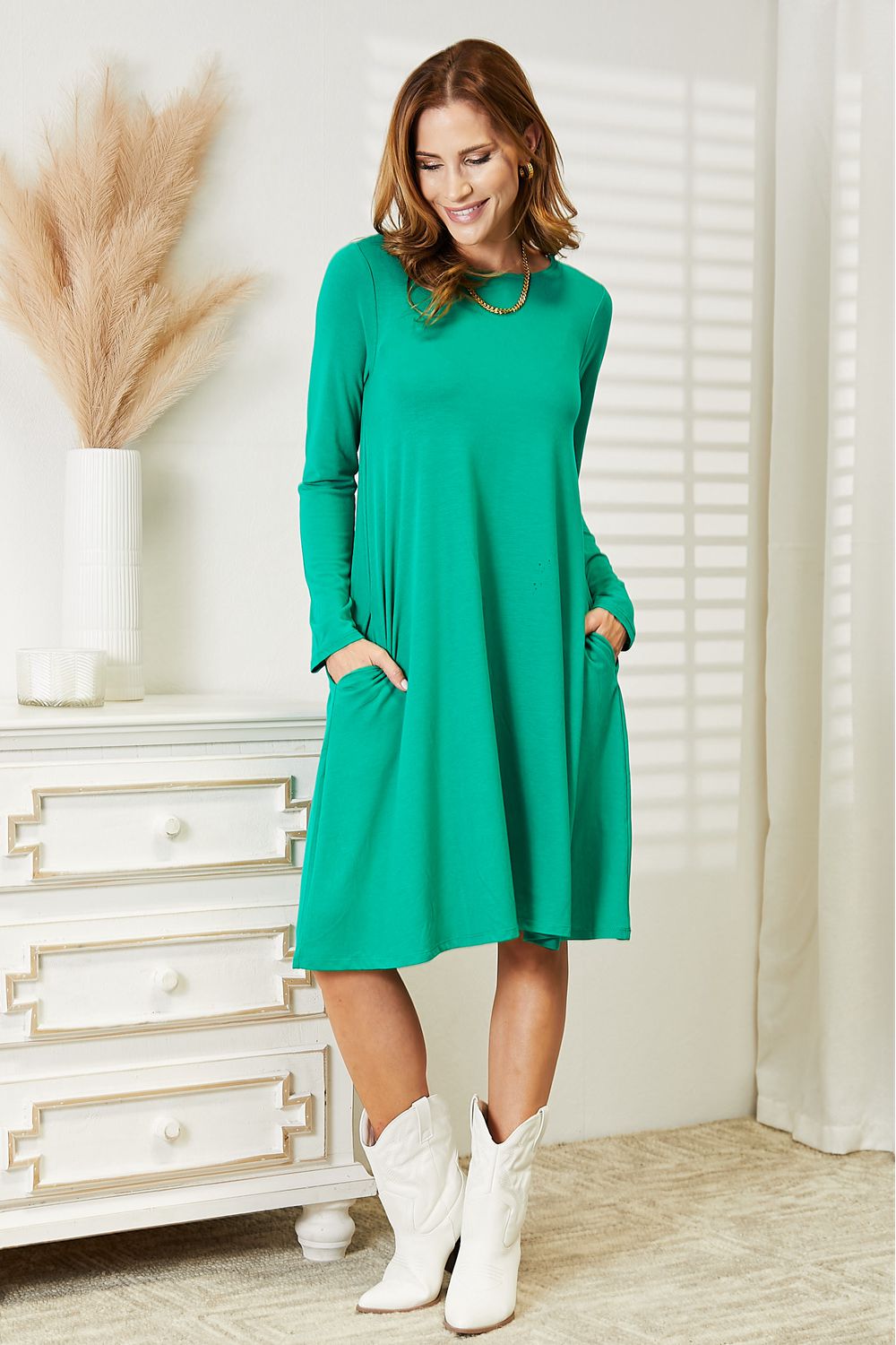 Zenana Full Size Long Sleeve Flare Dress with Pockets - nailedmoms