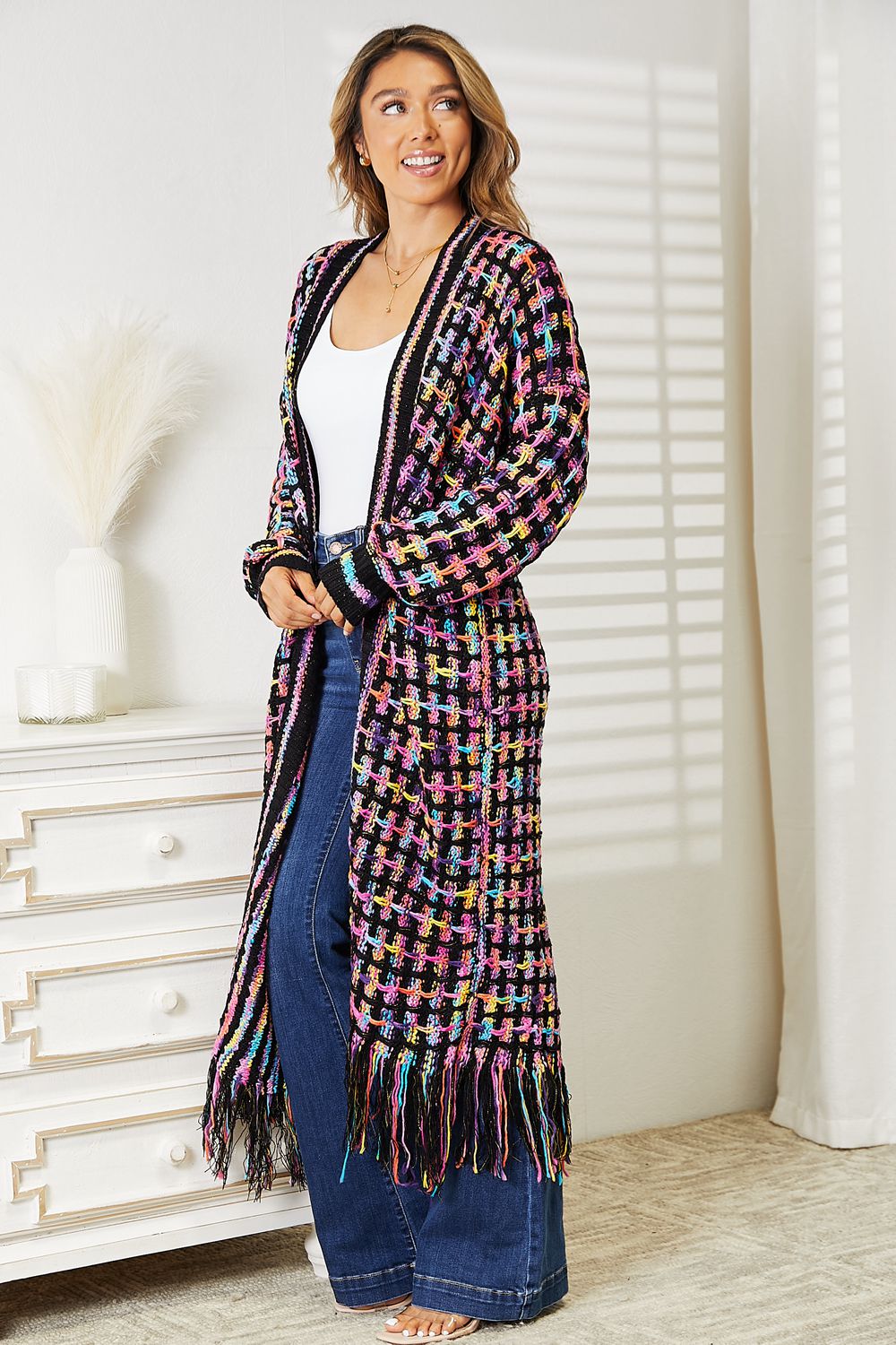 Double Take Full Size Multicolored Open Front Fringe Hem Cardigan - nailedmoms