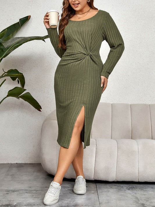Plus Size Ribbed Round Neck Twisted Slit Midi Dress - nailedmoms