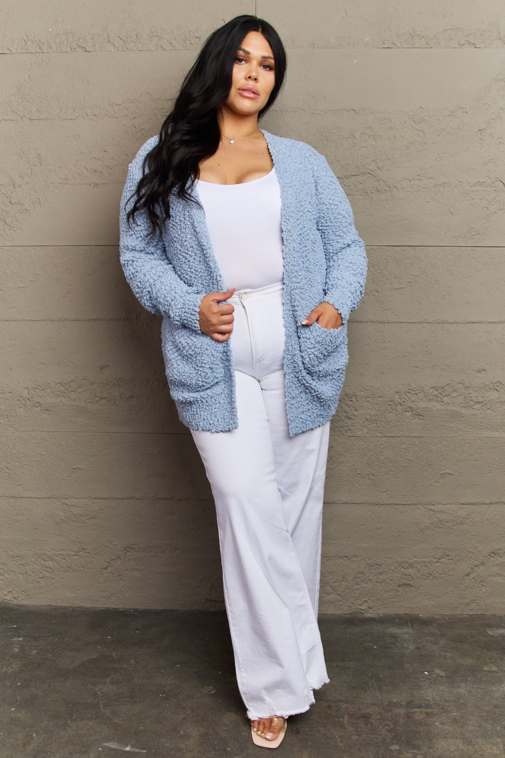 Zenana Falling For You Full Size Open Front Popcorn Cardigan - nailedmoms