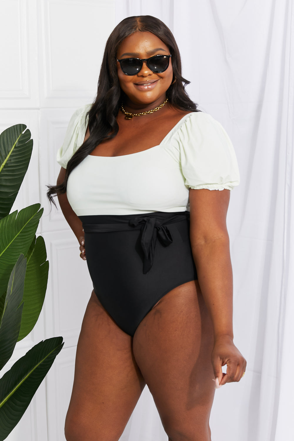 Marina West Swim Salty Air Puff Sleeve One-Piece in Cream/Black - nailedmoms
