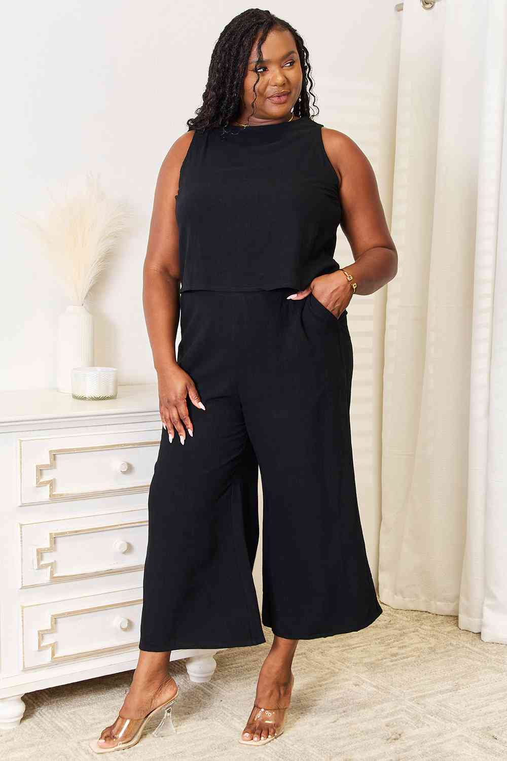 Double Take Buttoned Round Neck Tank and Wide Leg Pants Set - nailedmoms