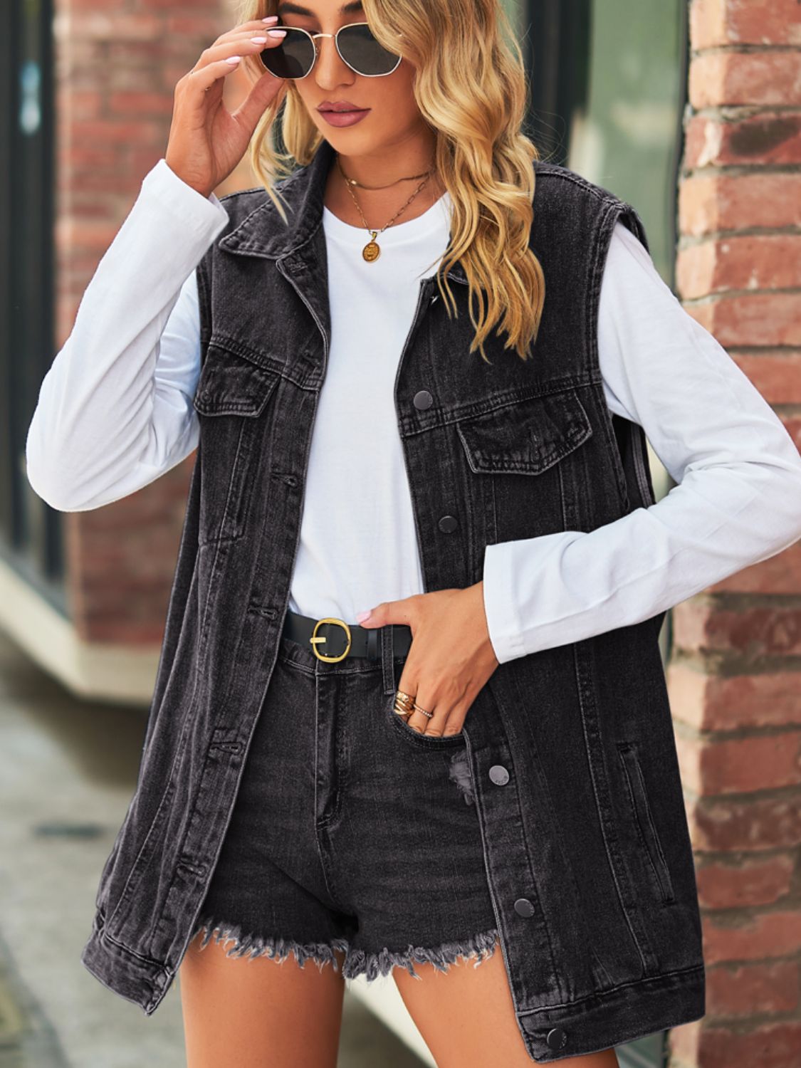 Collared Neck Sleeveless Denim Top with Pockets - nailedmoms