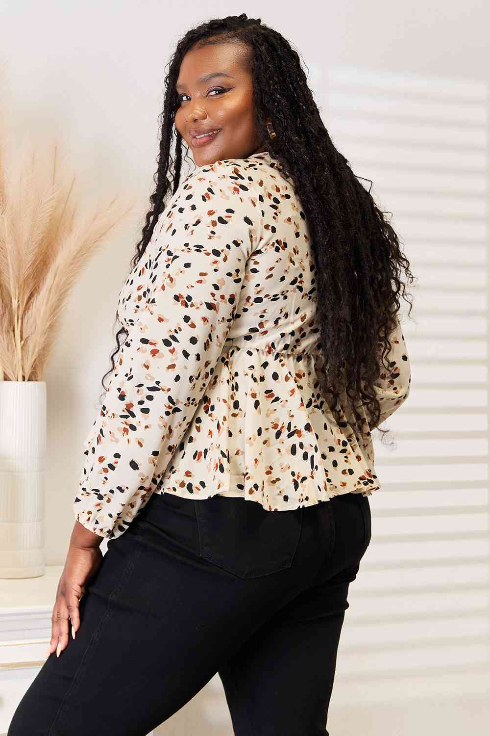 Double Take Printed Tied Plunge Peplum Blouse - nailedmoms