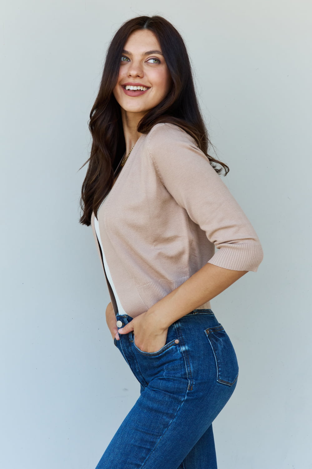 Doublju My Favorite Full Size 3/4 Sleeve Cropped Cardigan in Khaki - nailedmoms