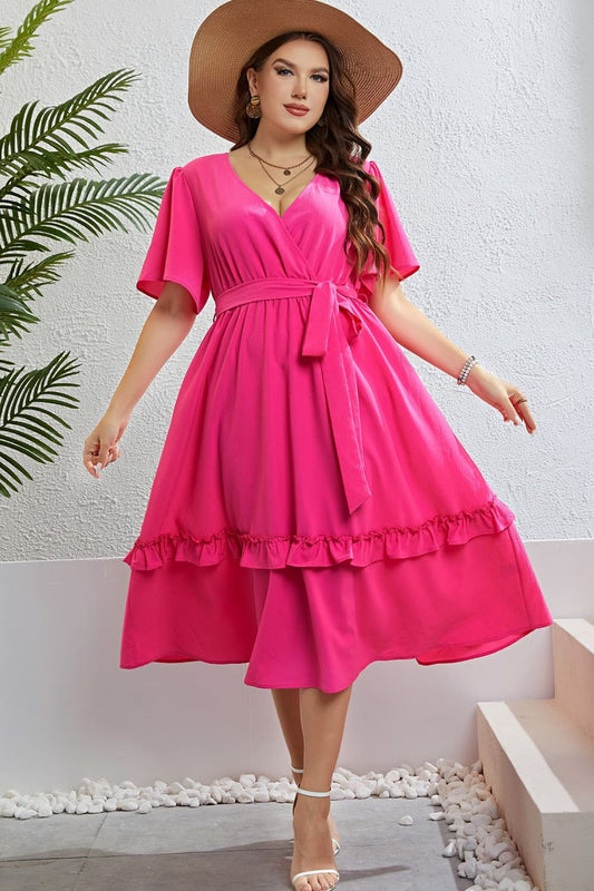 Plus Size Belted Frill Trim Flutter Sleeve Dress - nailedmoms