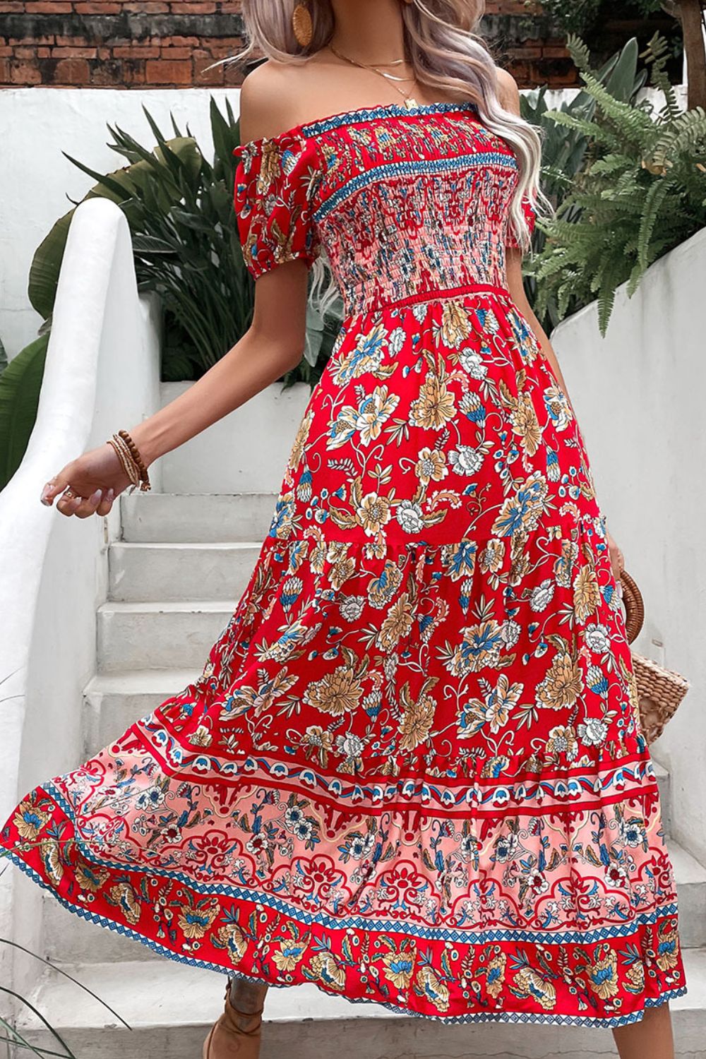 Floral Off-Shoulder Smocked Midi Dress - nailedmoms