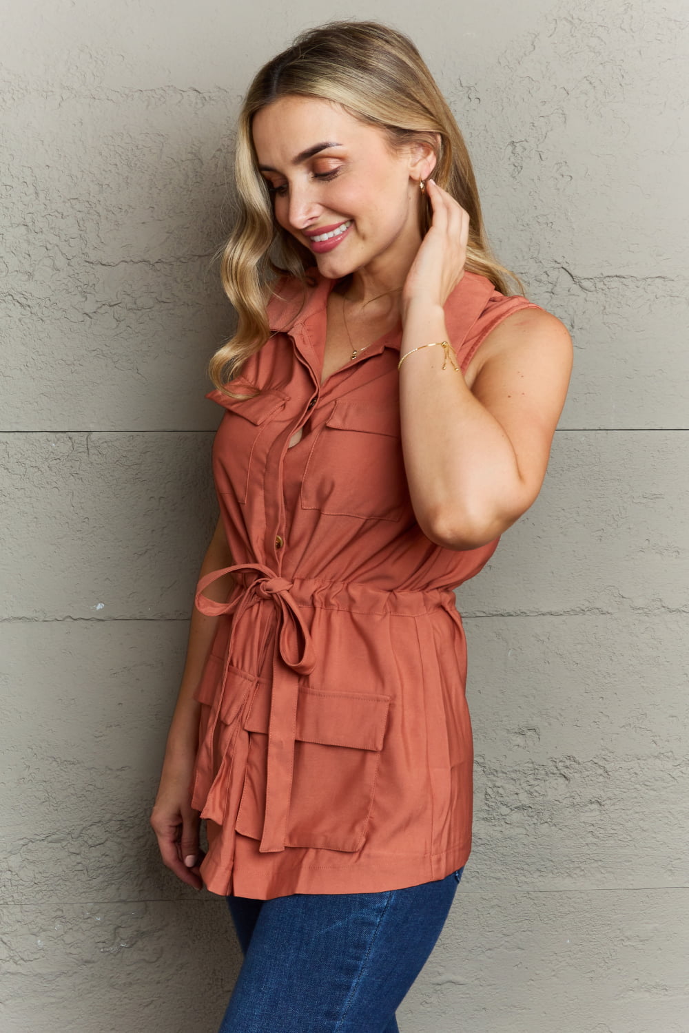 Ninexis Follow The Light Sleeveless Collared Button Down Top - nailedmoms