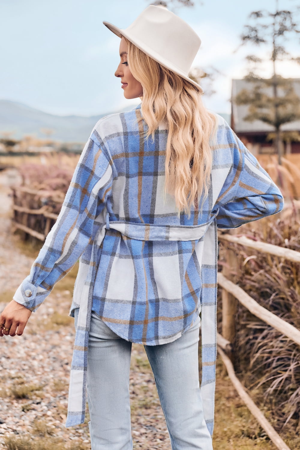 Plaid Collared Neck Bow Front Long Sleeve Jacket - nailedmoms