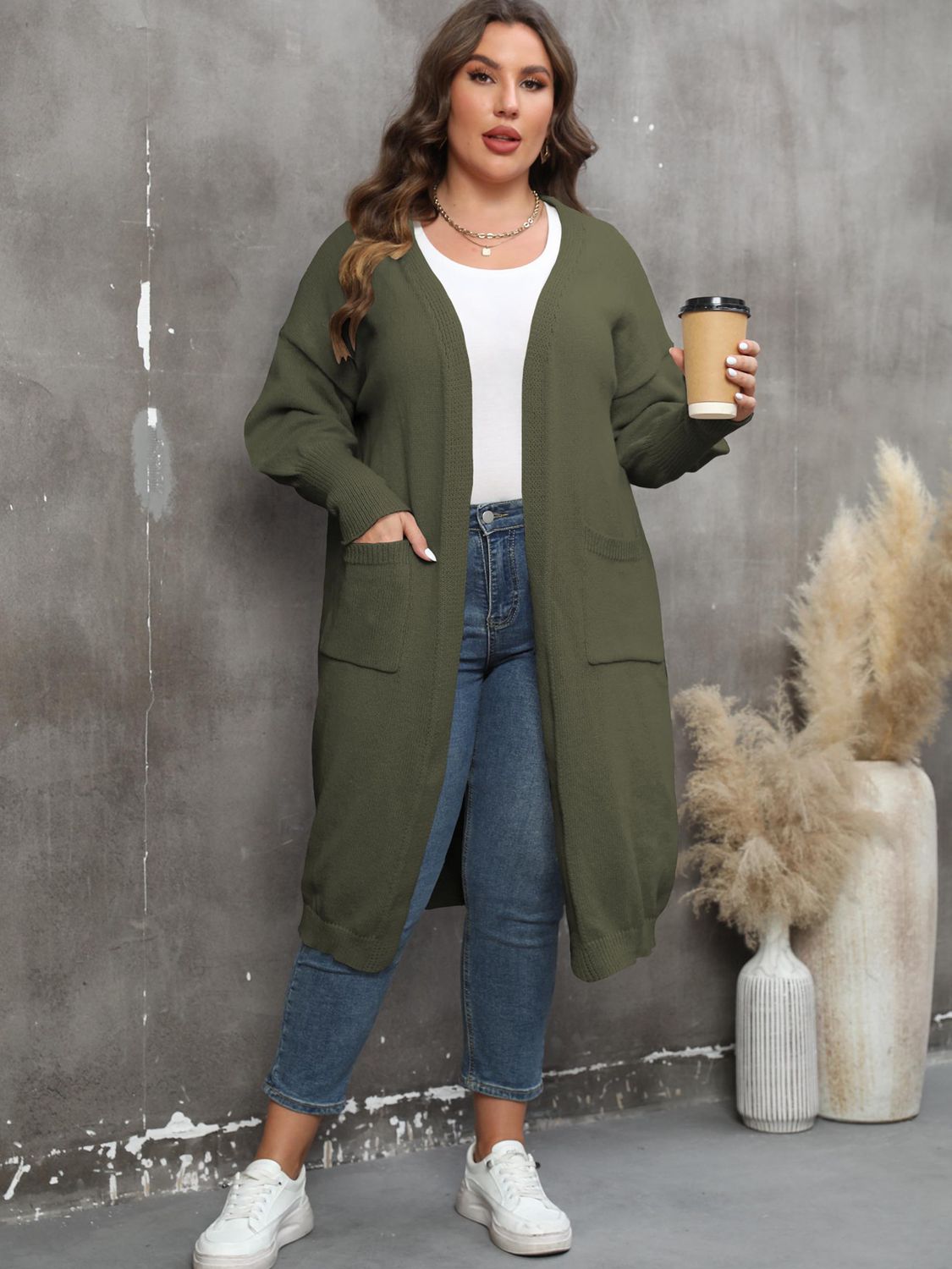 Plus Size Long Sleeve Pocketed Cardigan - nailedmoms