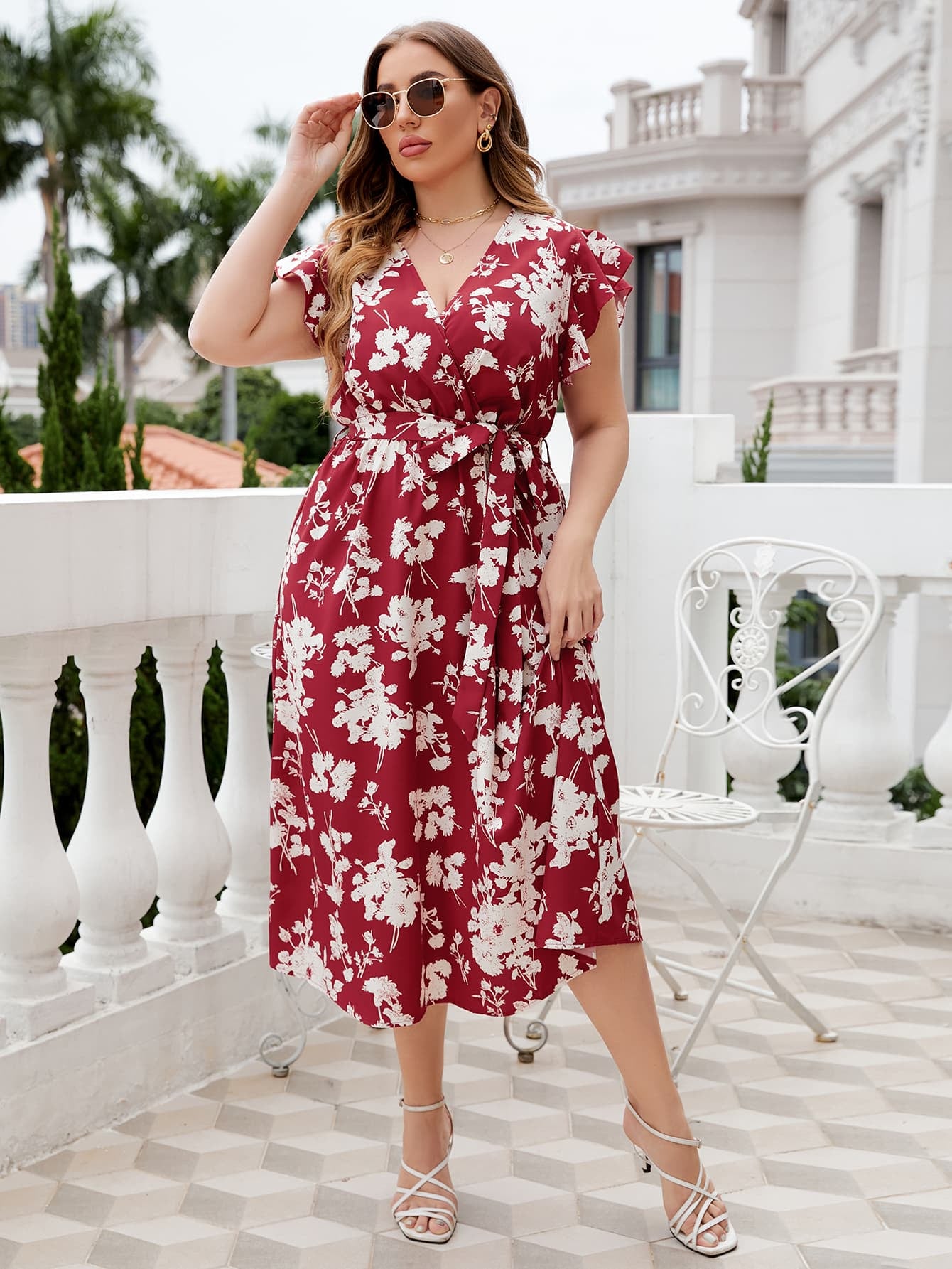 Plus Size Floral Tie Waist Surplice Neck Midi Dress - nailedmoms