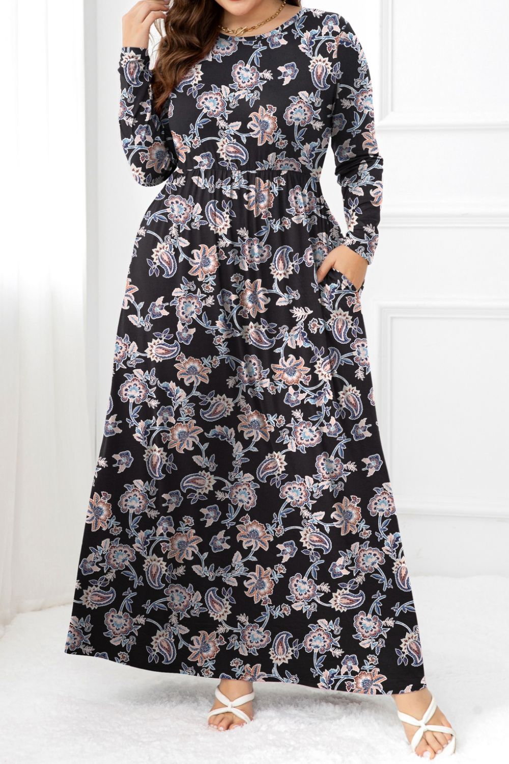 Plus Size Round Neck Long Sleeve Maxi Dress with Pockets - nailedmoms